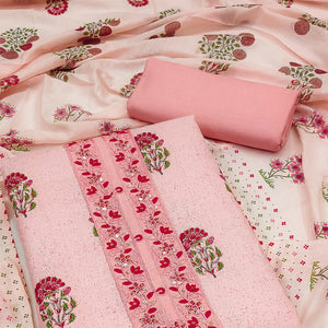 Pink Floral Printed With Embroidery Pure Cotton Dress Material