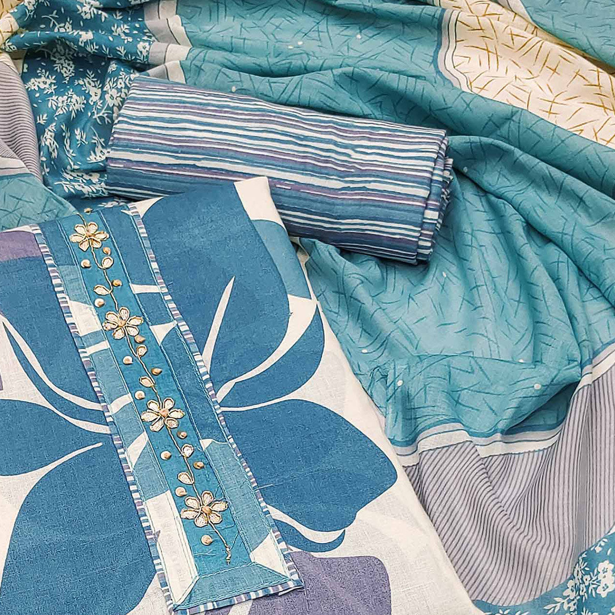 Blue Floral Printed Pure Cotton Dress Material