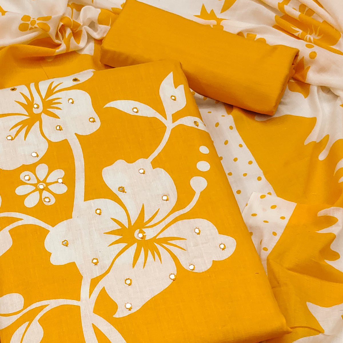 Yellow Floral Printed Pure Cotton Dress Material