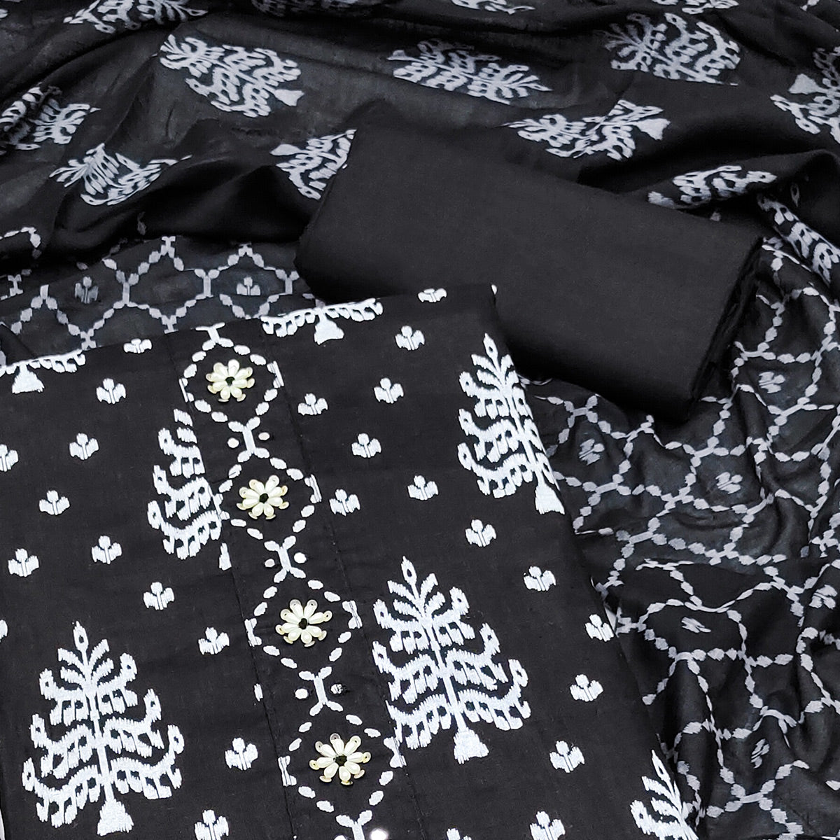 Black Floral Printed Pure Cotton Dress Material