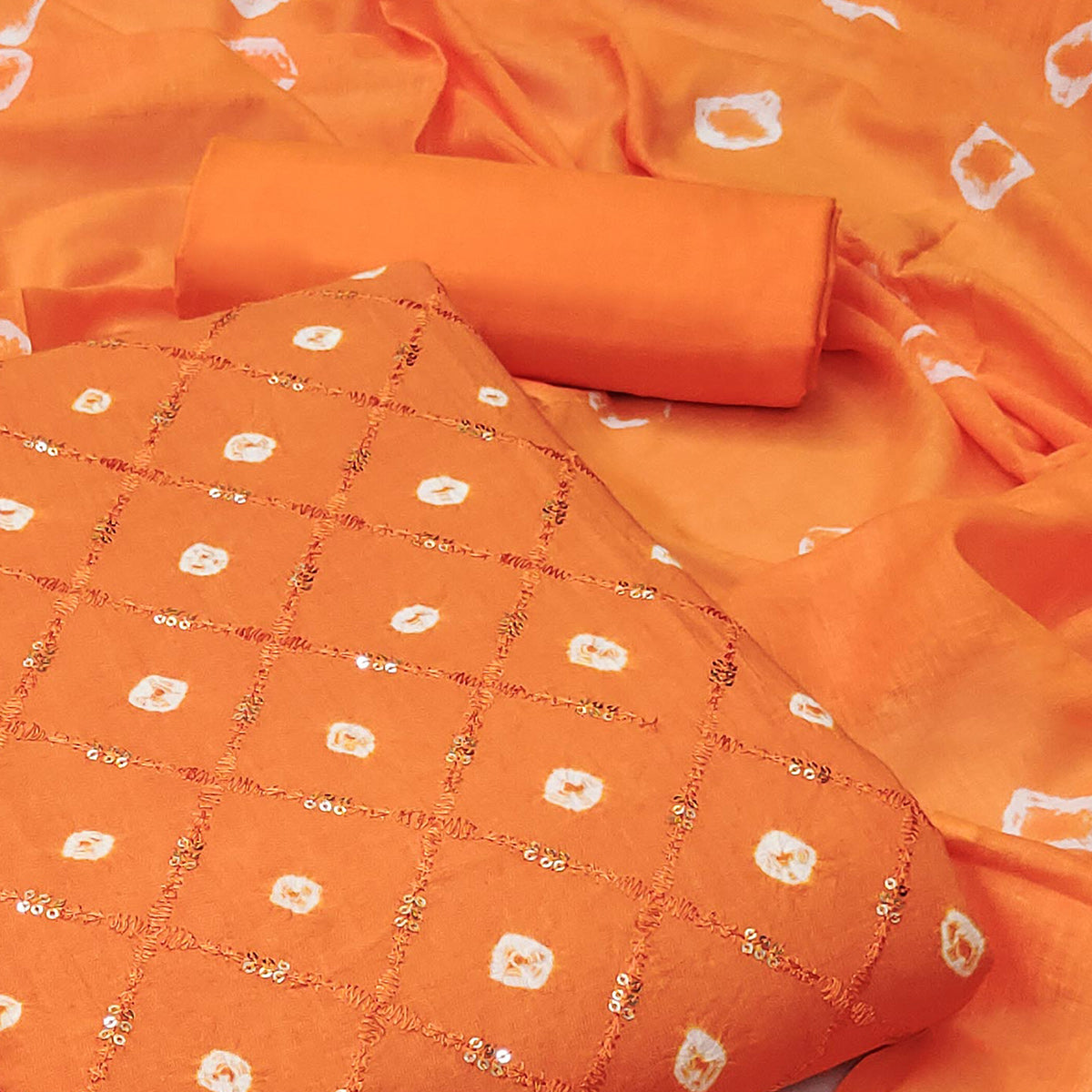 Orange Bandhani Printed With Embroidered Pure Cotton Dress Material