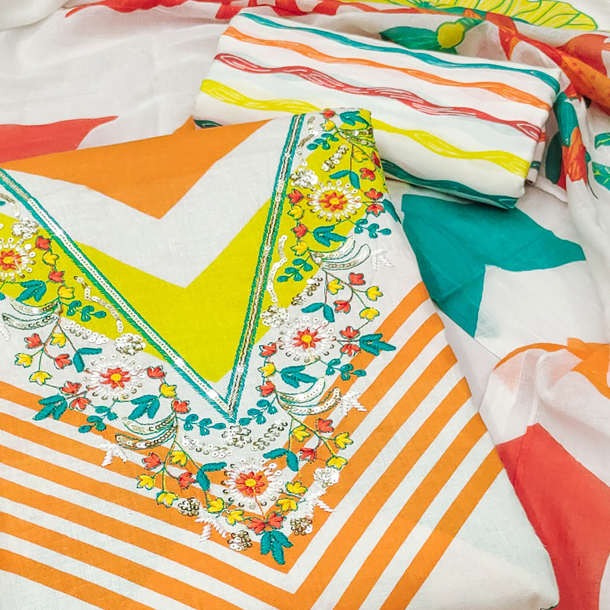 Multicolor Printed With Embroidered Pure Cotton Dress Material
