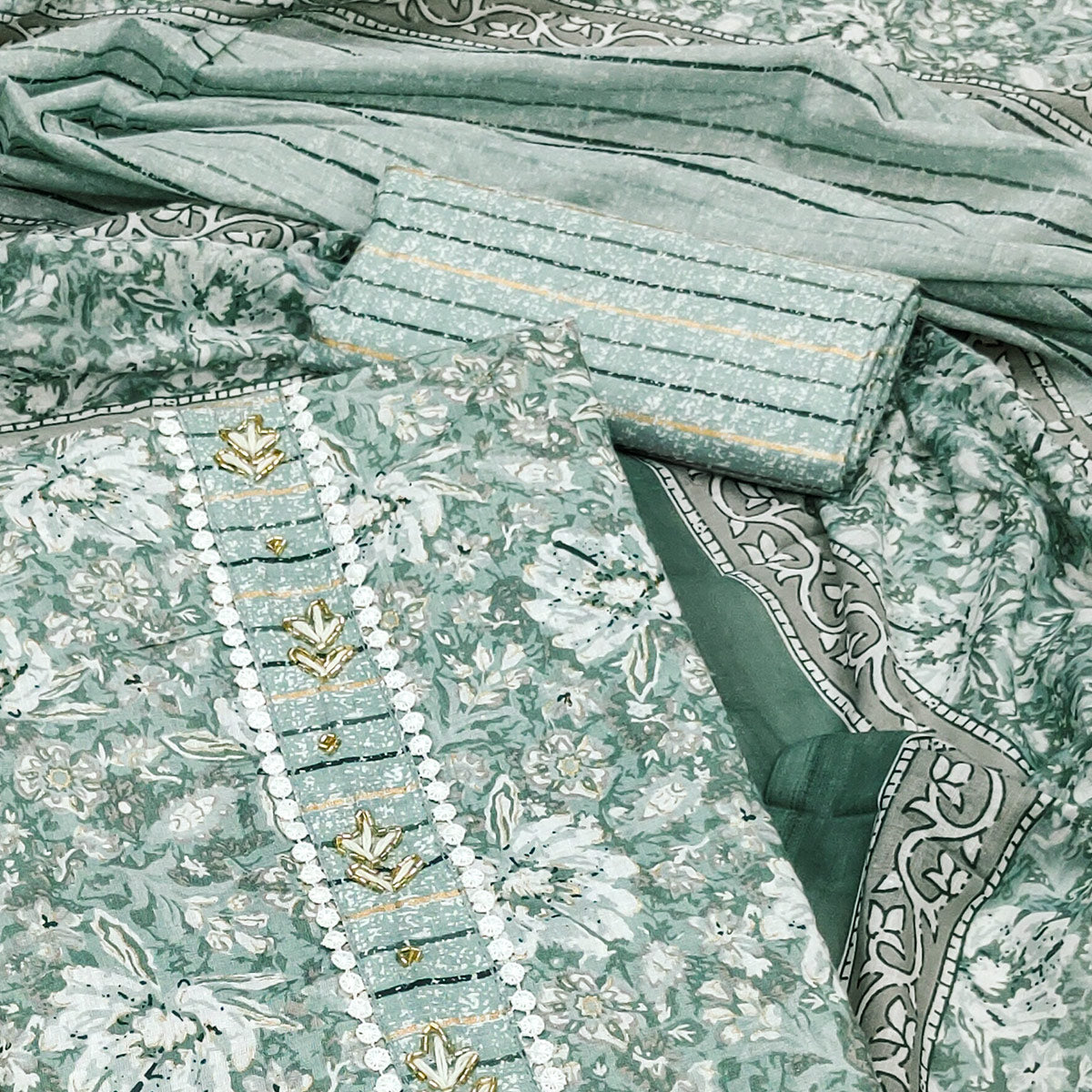 Sage Green Floral Printed Pure Cotton Dress Material