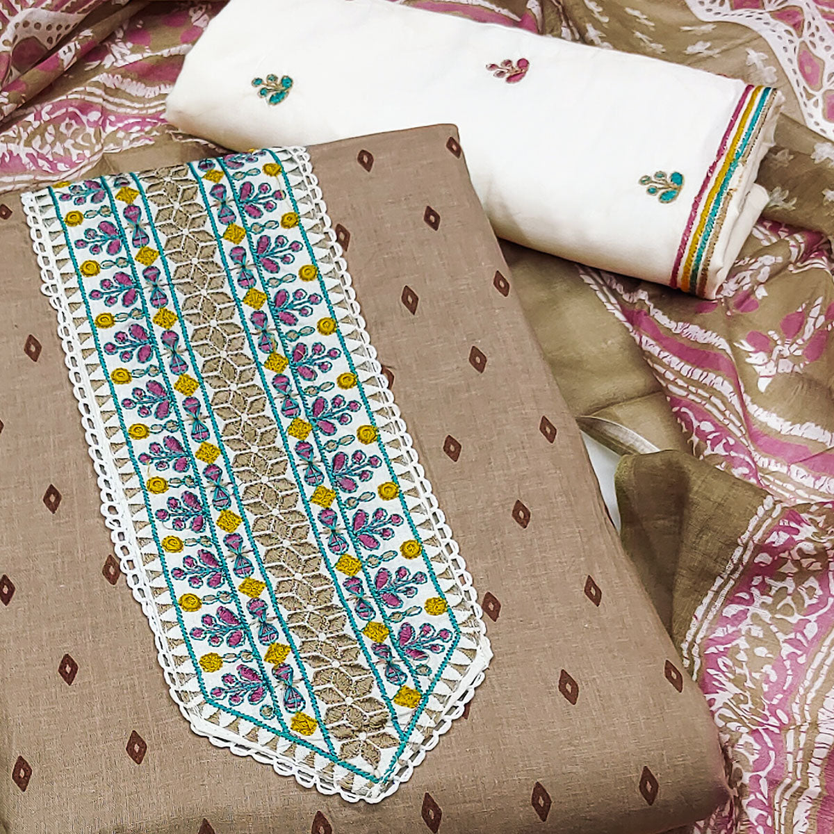 Beige Bandhani Printed With Embroidery Pure Cotton Dress Material