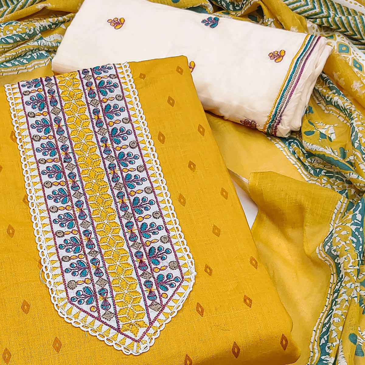 Yellow Bandhani Printed With Embroidery Pure Cotton Dress Material