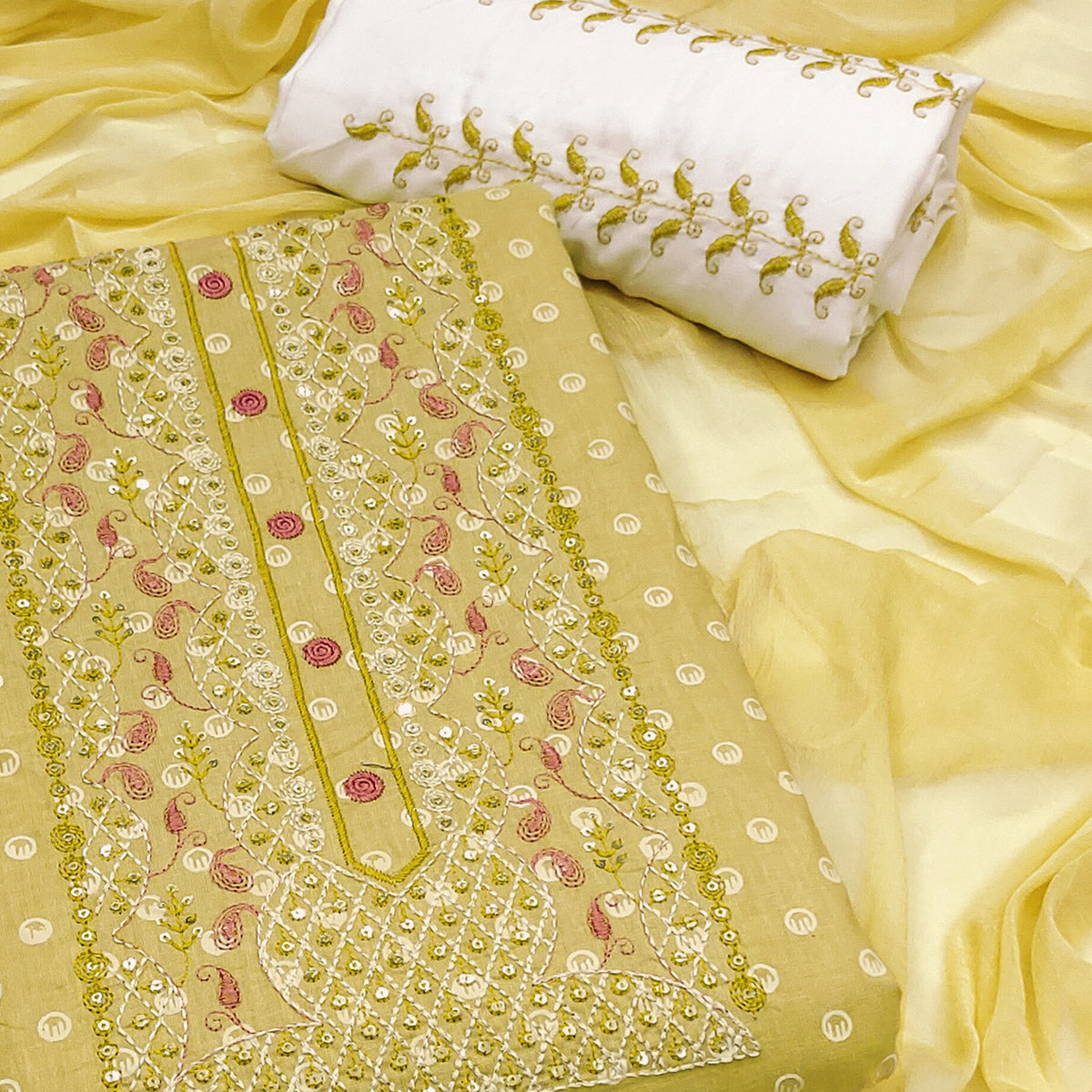 Yellow Geometric Printed With Embroidered Pure Cotton Dress Material