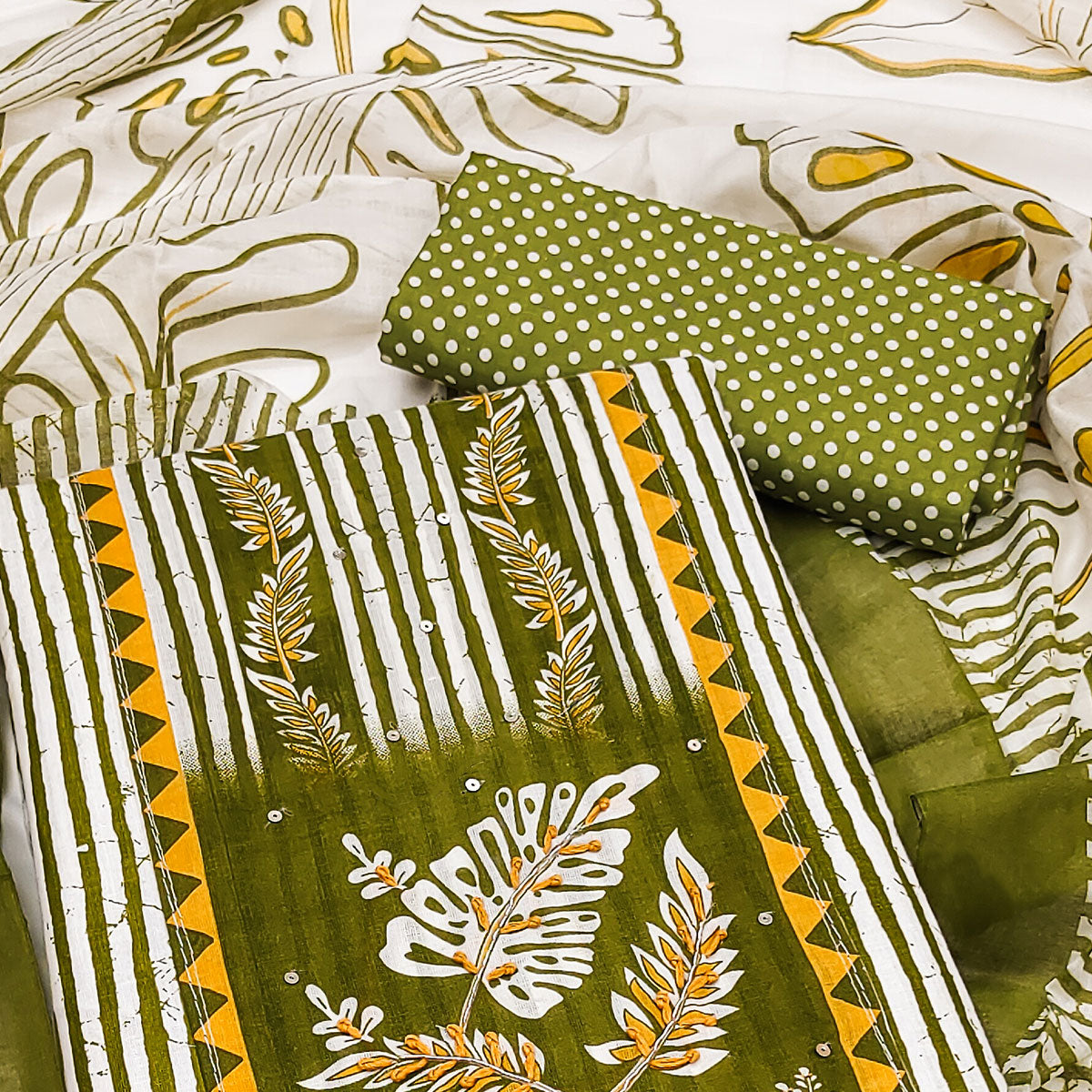 Green Striped Printed With Embroidered Pure Cotton Dress Material