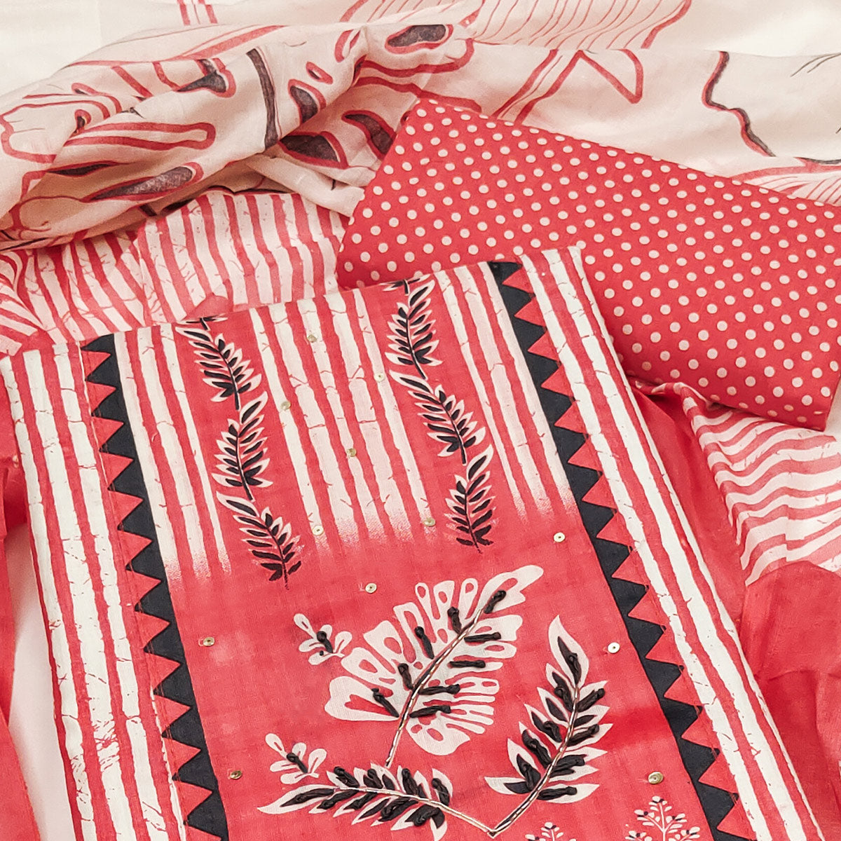 Red Striped Printed With Embroidered Pure Cotton Dress Material