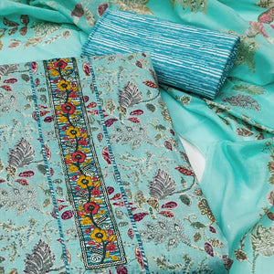 Turquoise Floral Printed With Embroidered Pure Cotton Dress Material