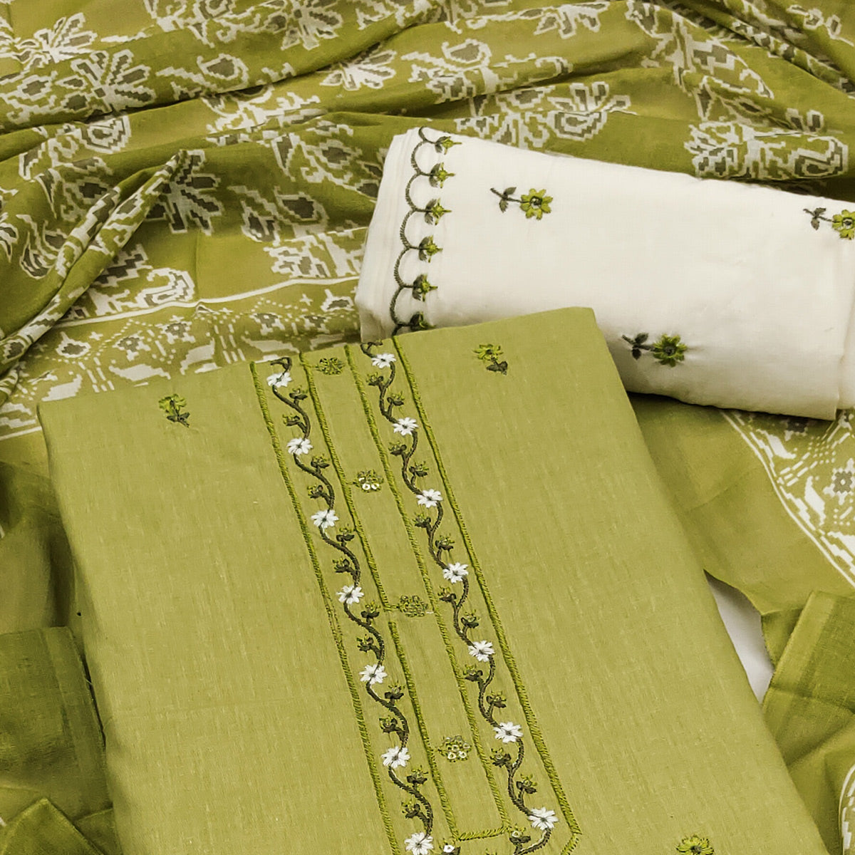 Green Floral Embroidered Pure Cotton Dress Material