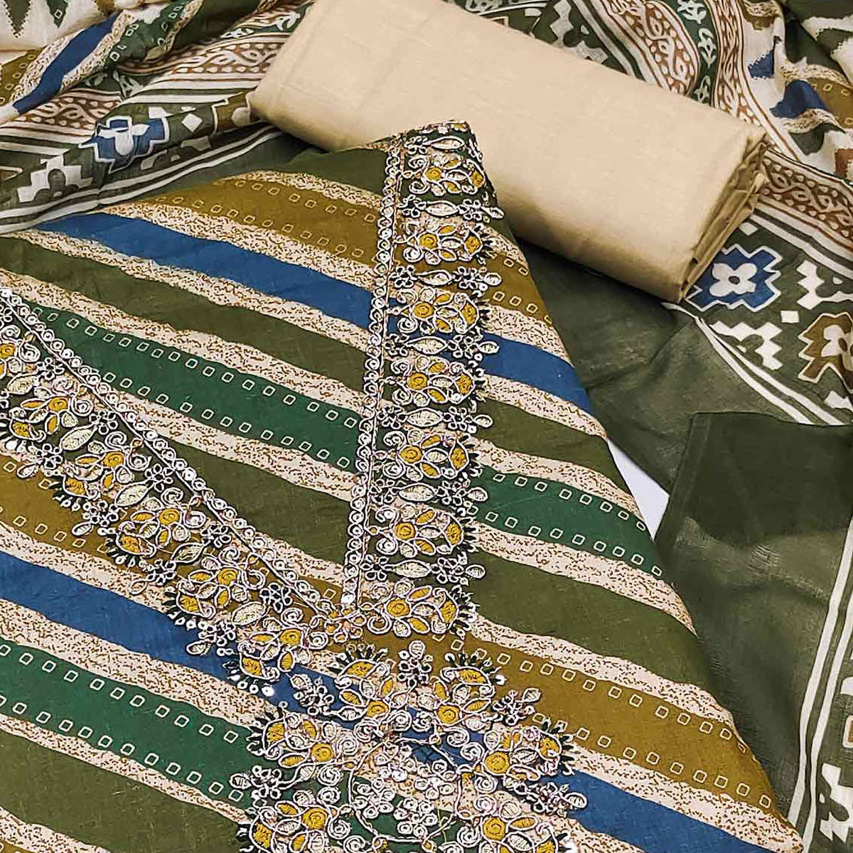 Green Striped Printed With Embroidery Pure Cotton Dress Material