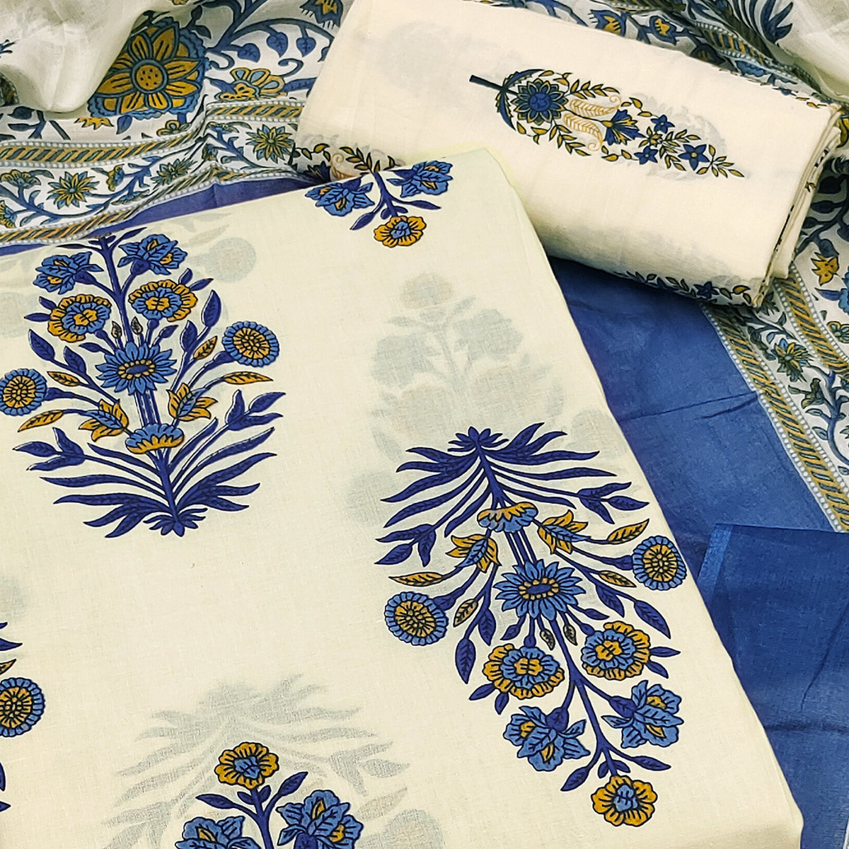 Navy Blue Floral Printed Pure Cotton Dress Material