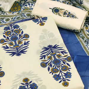 Navy Blue Floral Printed Pure Cotton Dress Material