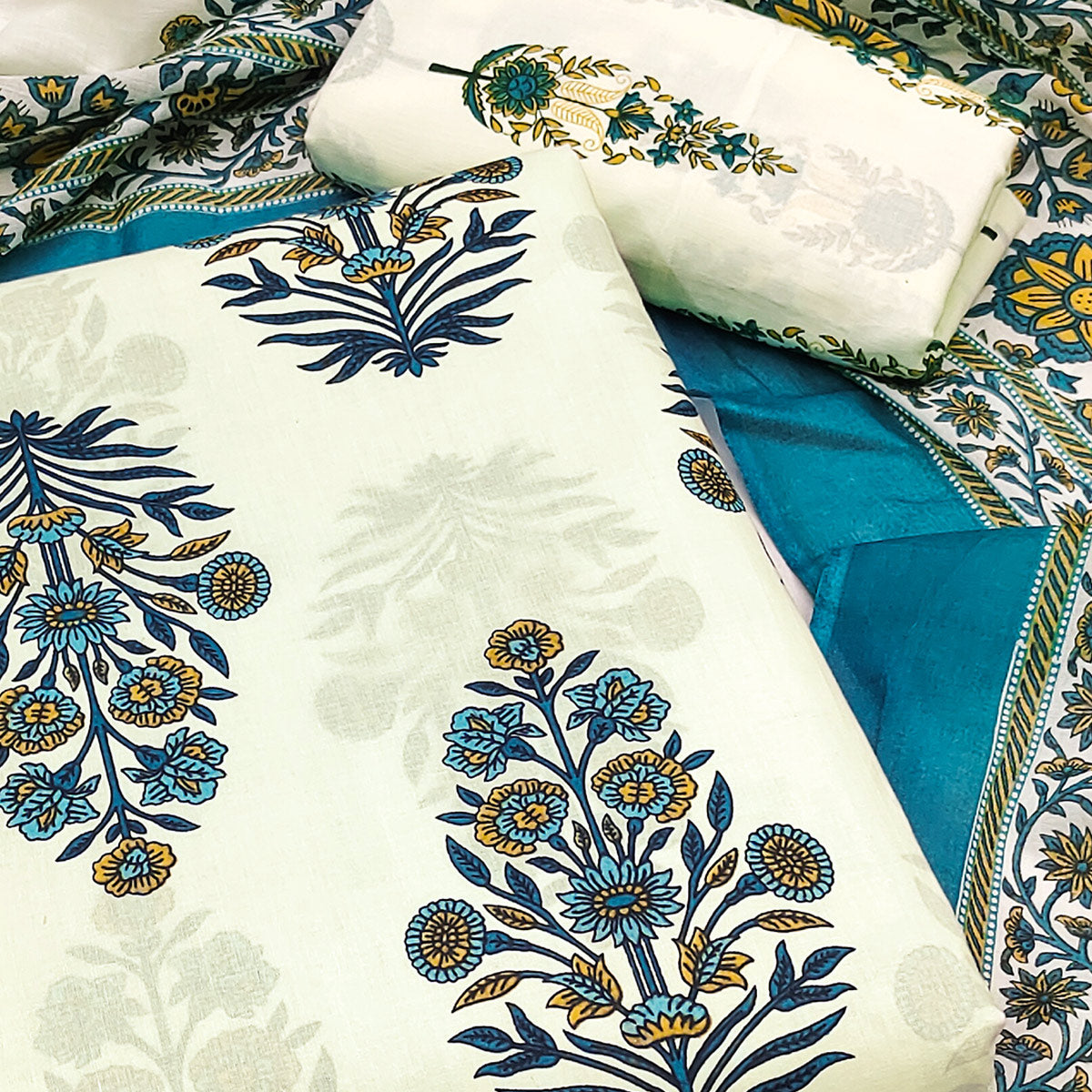 Rama Blue Floral Printed Pure Cotton Dress Material