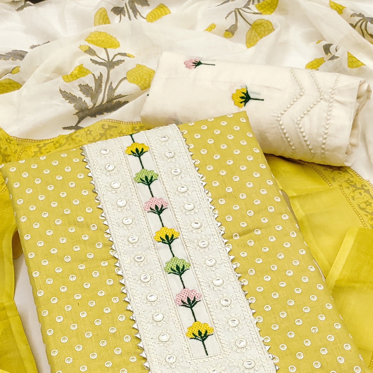 Mustard Pure Cotton Dress Material with Timeless Polka Design Print Print
