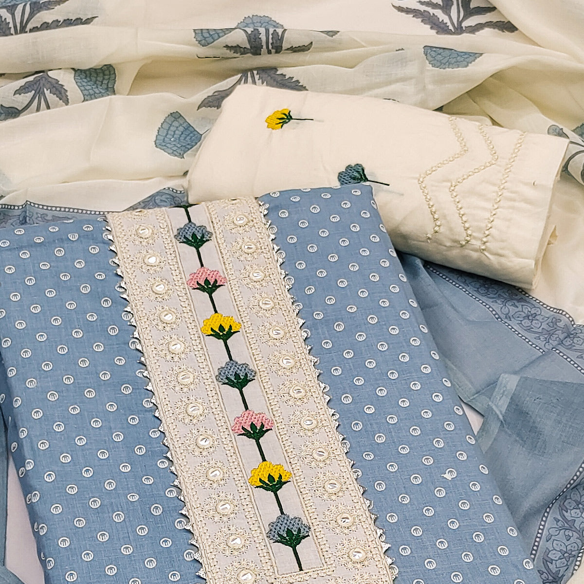 Sky Blue Pure Cotton Dress Material with Timeless Polka Design Print Pattern