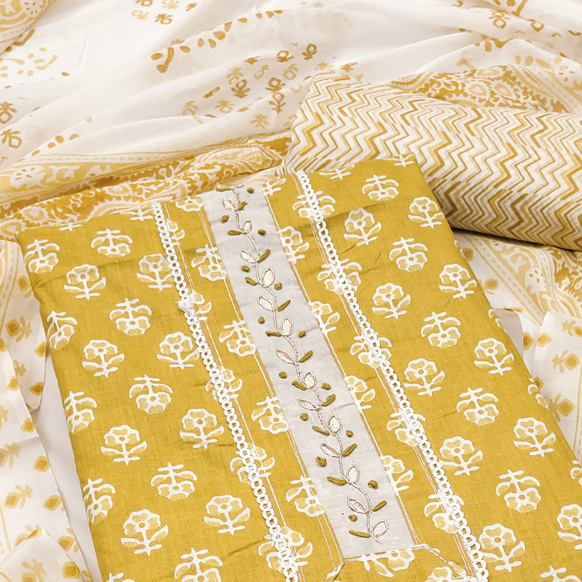 Mustard Floral Printed Pure Cotton Dress Material With Elegant Neck Embroidery