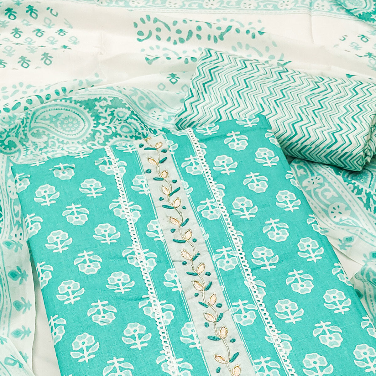 Turquoise Floral Printed Pure Cotton Dress Material With Elegant Neck Embroidery