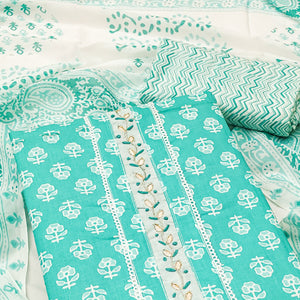Turquoise Floral Printed Pure Cotton Dress Material With Elegant Neck Embroidery