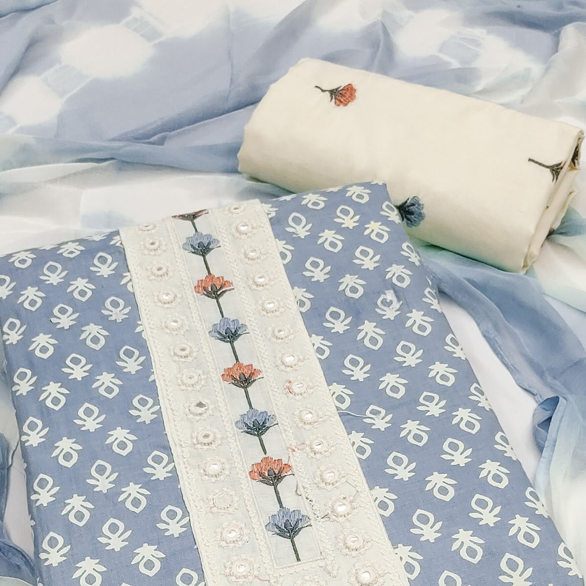 Floral Printed Pure Cotton Dress Material in Radiant Blue Tone