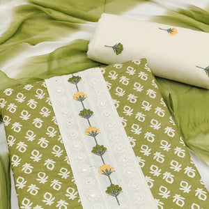 Floral Printed Pure Cotton Dress Material in Radiant Mehandi Green Tone