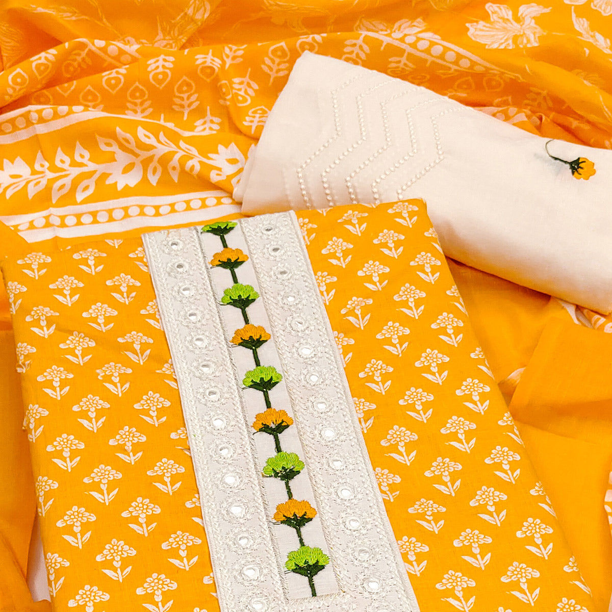 Floral Printed Pure Cotton Dress Material in Radiant Yellow Tone