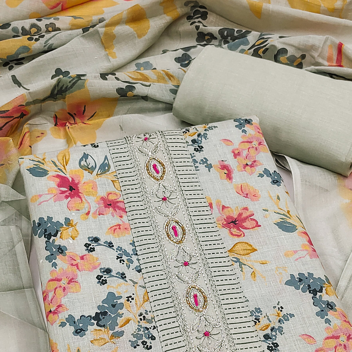Soft Pure Cotton Dress Material in Fresh Grey with Floral Pattern