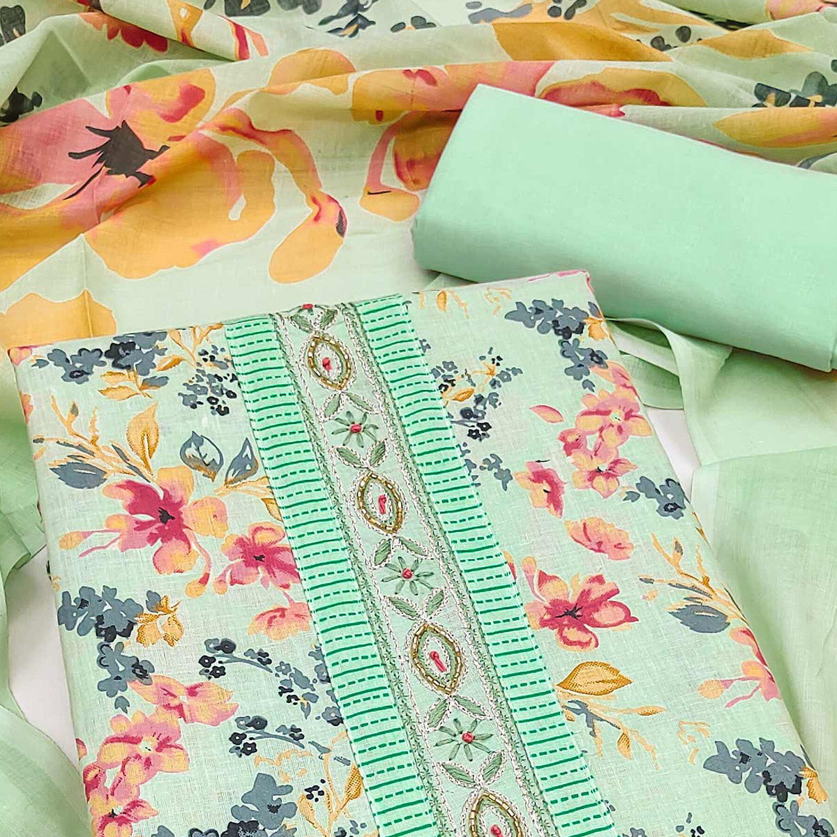 Soft Pure Cotton Dress Material in Fresh Sea Green with Floral Pattern