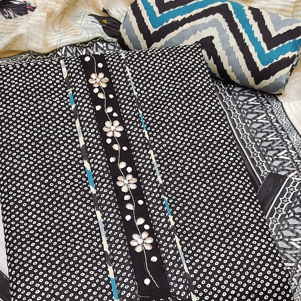 Elegant Black Bandhani Printed Pure Cotton Dress Material Enhanced With Delicate Floral Handwork
