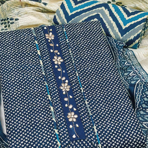 Elegant Blue Bandhani Printed Pure Cotton Dress Material Enhanced With Delicate Floral Handwork