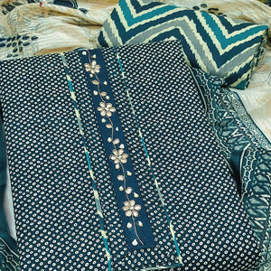 Elegant Teal Bandhani Printed Pure Cotton Dress Material Enhanced With Delicate Floral Handwork