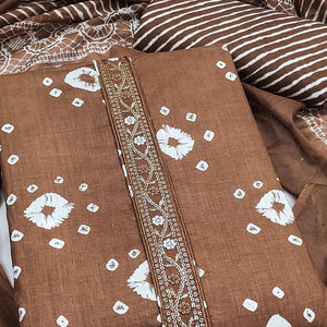 Classic Brown Bandhani Print Pure Cotton Dress Material Accented With Floral Sequins Embroidery