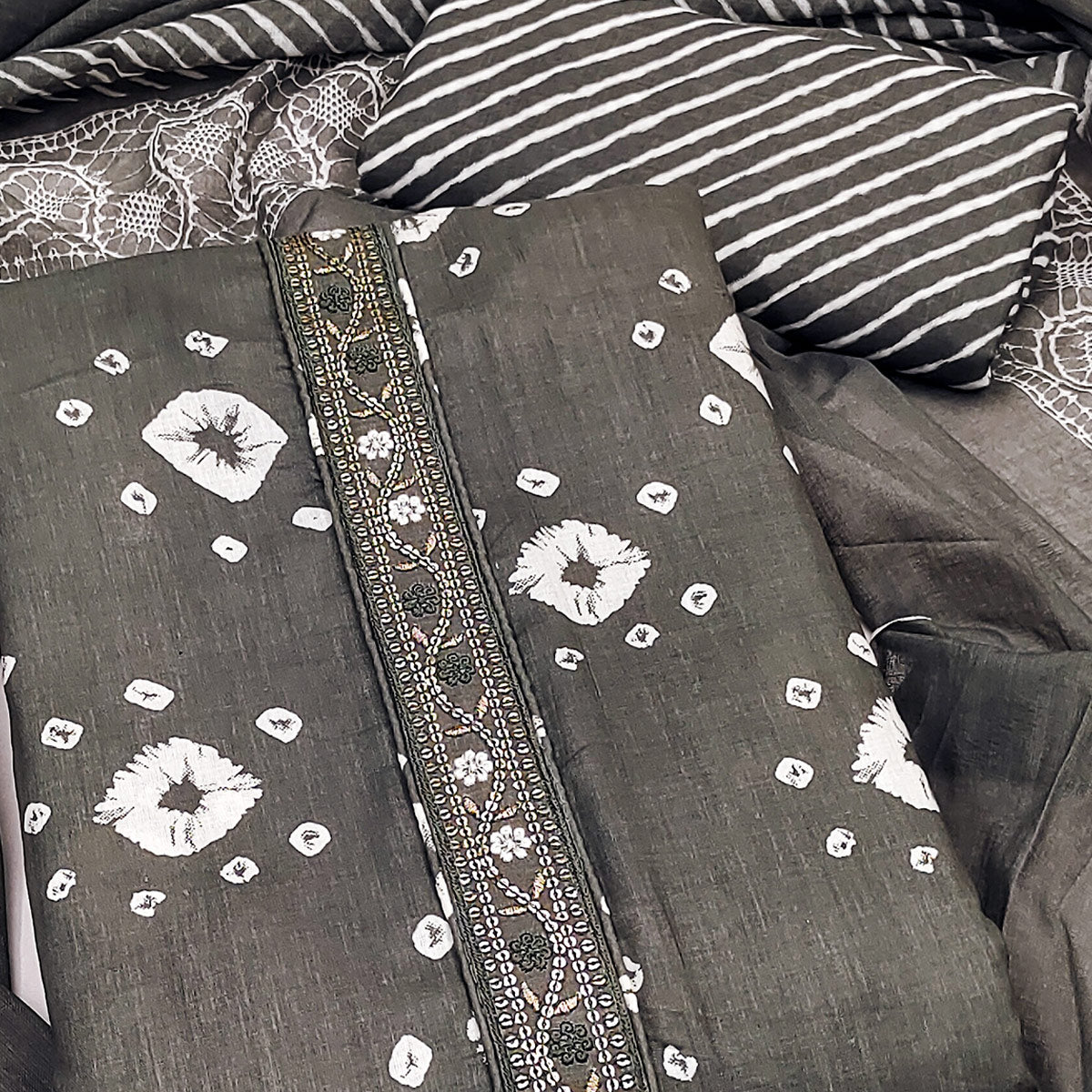 Classic Grey Bandhani Print Pure Cotton Dress Material Accented With Floral Sequins Embroidery