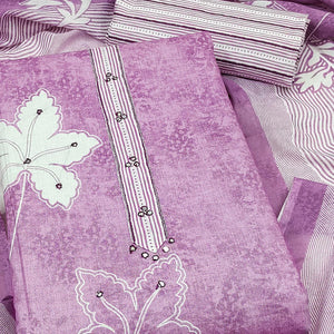 Charming Lavender Floral & Leaf Printed Pure Cotton Dress Material Featuring Subtle Embroidery Work