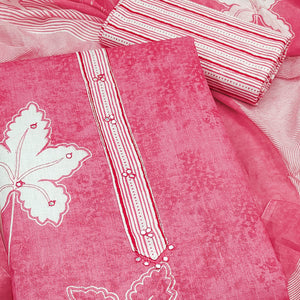 Charming Pink Floral & Leaf Printed Pure Cotton Dress Material Featuring Subtle Embroidery Work