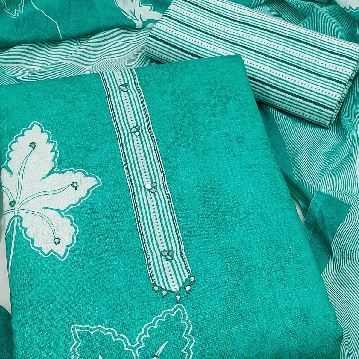 Charming Turquoise Floral & Leaf Printed Pure Cotton Dress Material Featuring Subtle Embroidery Work