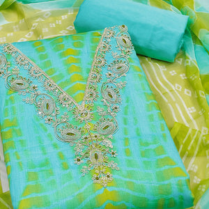 Ethnic Turquoise & Green Bandhani Print Pure Cotton Dress Material Accented With Cording Embroidery