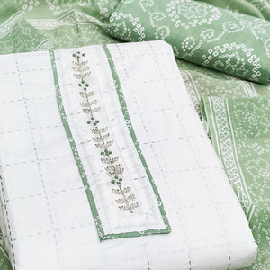 Elegant White & Green Checks Printed Pure Cotton Dress Material With Delicate Handwork Accents
