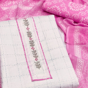 Elegant White & Pink Checks Printed Pure Cotton Dress Material With Delicate Handwork Accents