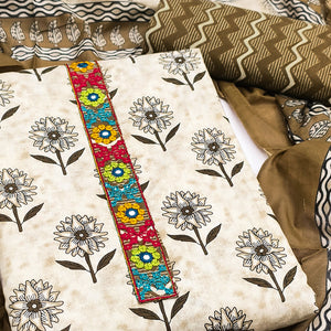 Premium Beige Floral Printed Pure Cotton Dress Material Accented With Thread Embroidery On Neckline
