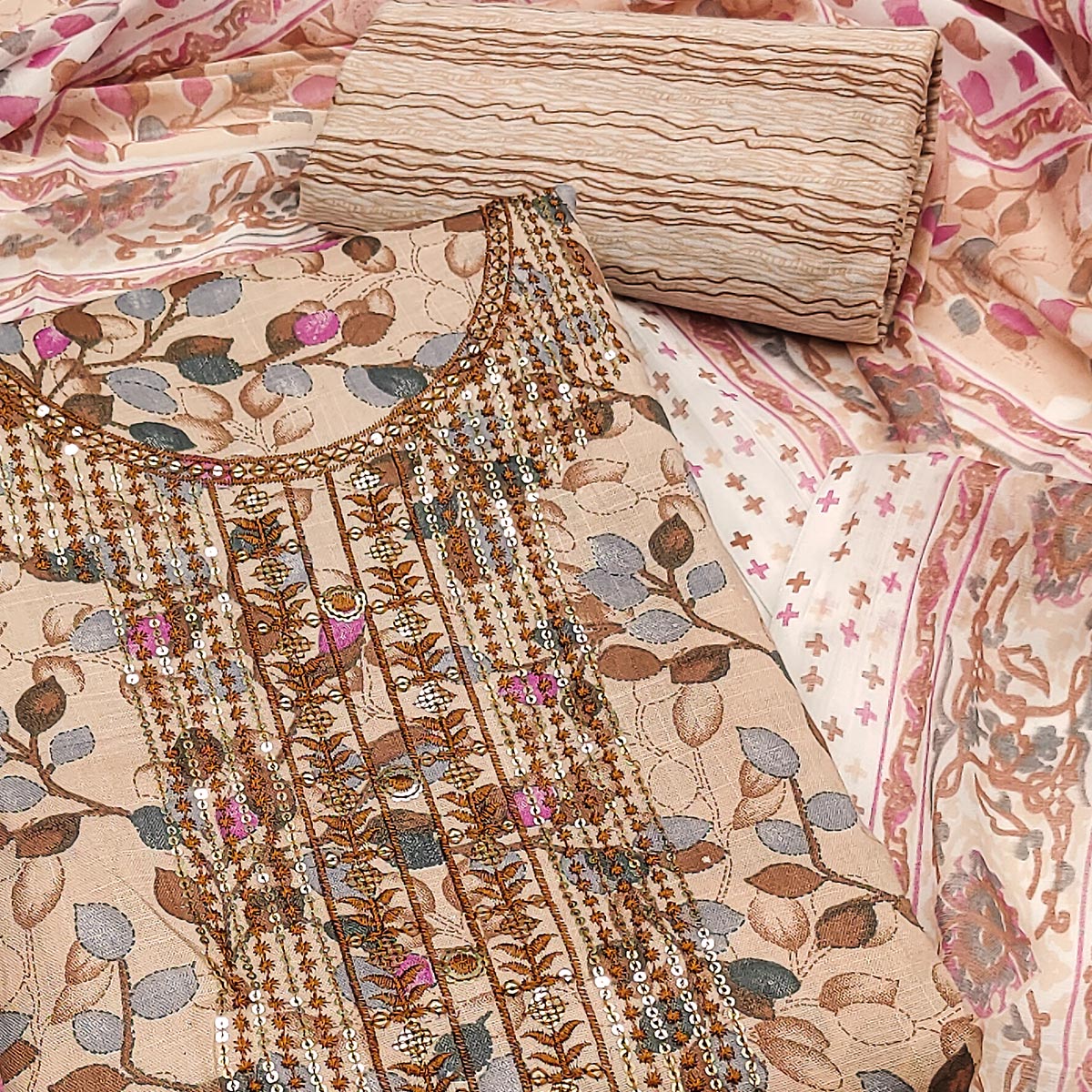 Beige Floral Printed With Sequins Embroidered Pure Cotton Dress Material