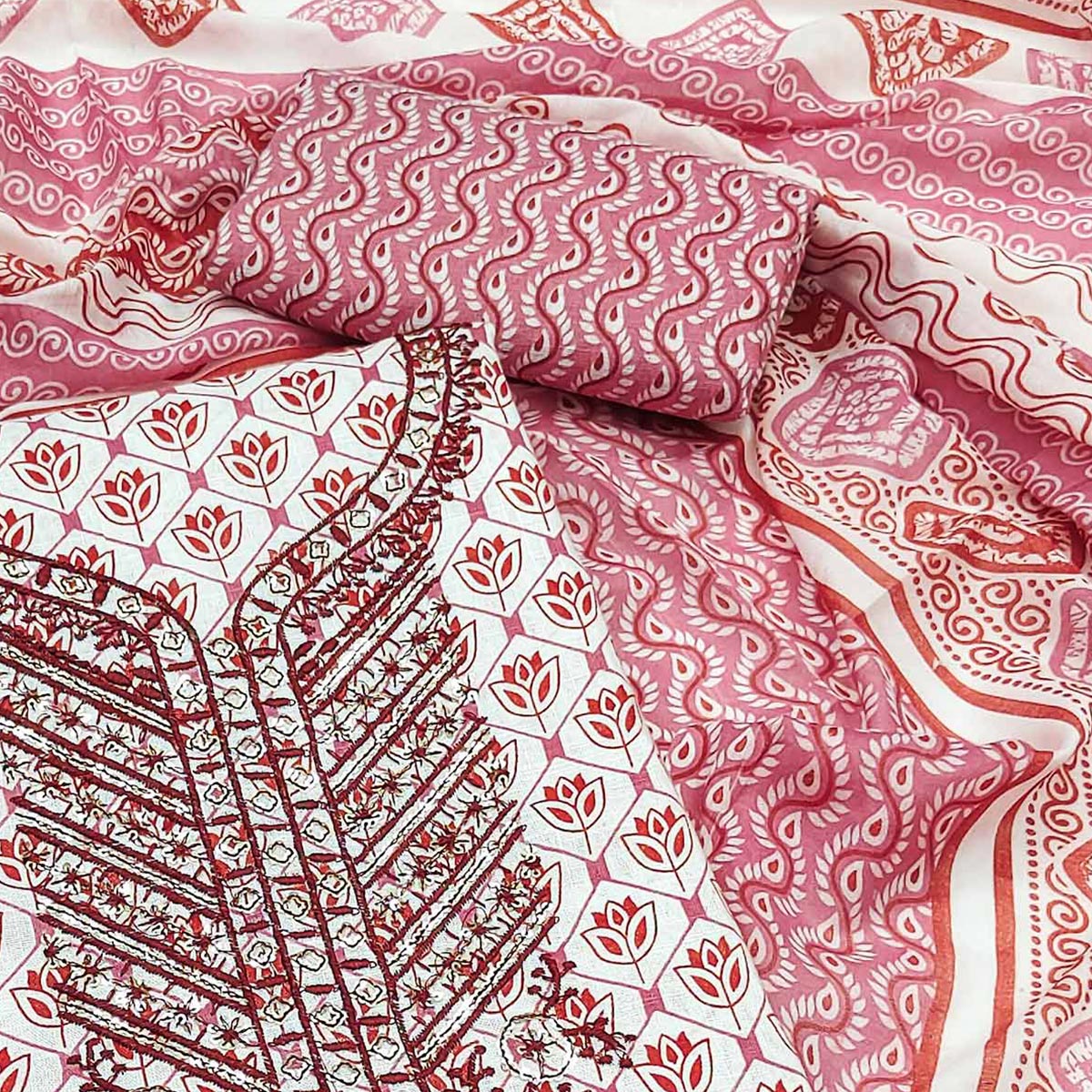 Gajari Pink Floral Printed With Sequins Embroidered Pure Cotton Dress Material