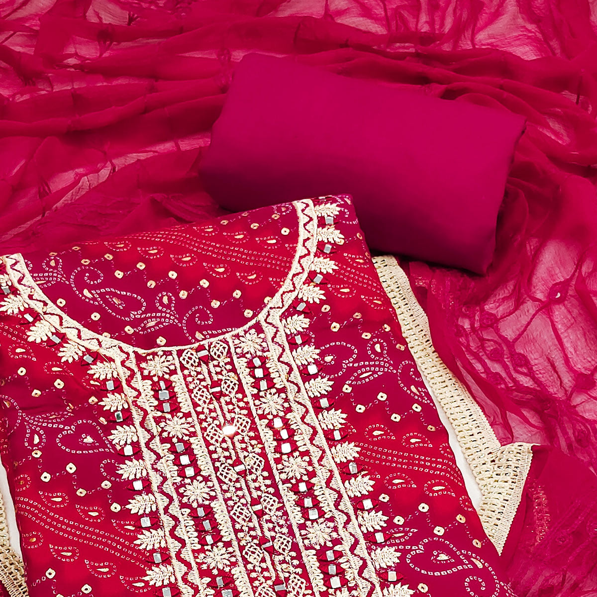 Pink Bandhani Printed With Embroidered Rayon Dress Material