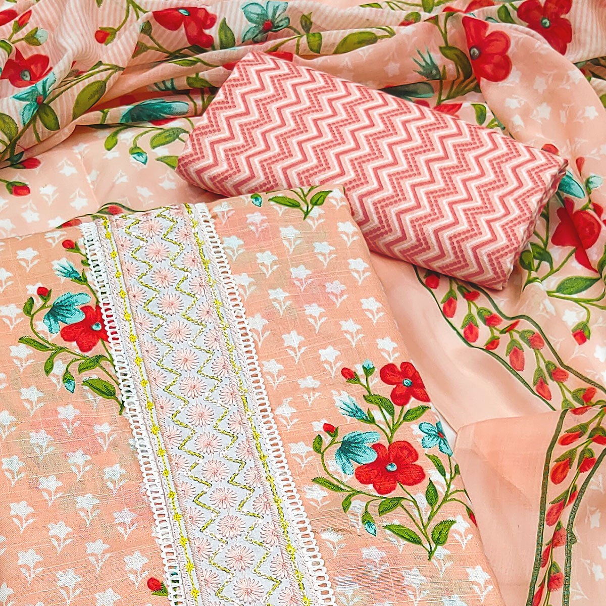 Peach Floral Printed With Sequins Embroidered Pure Cotton Dress Material