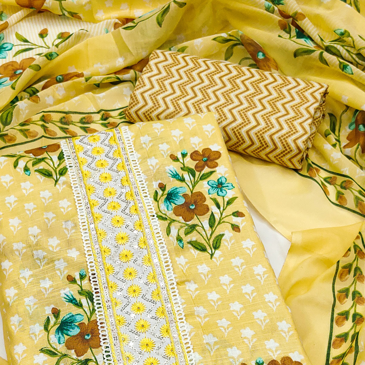 Yellow Floral Printed With Sequins Embroidered Pure Cotton Dress Material