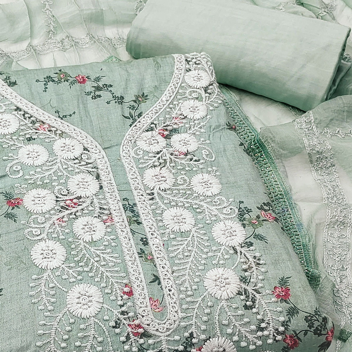 Green Floral Printed With Embroidery Pure Cotton Dress Material