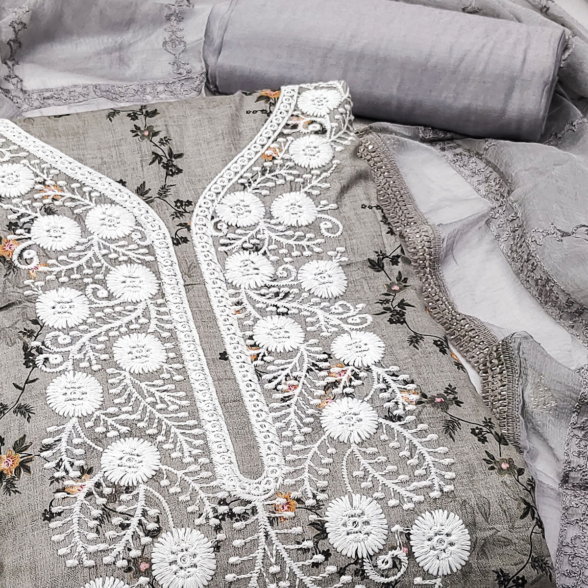 Grey Floral Printed With Embroidery Pure Cotton Dress Material