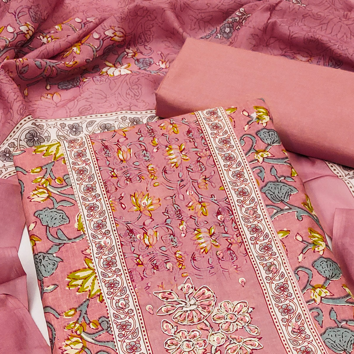 Dusty Rose Pink Floral Printed Pure Cotton Dress Material With Elegant Sequins Embroidery