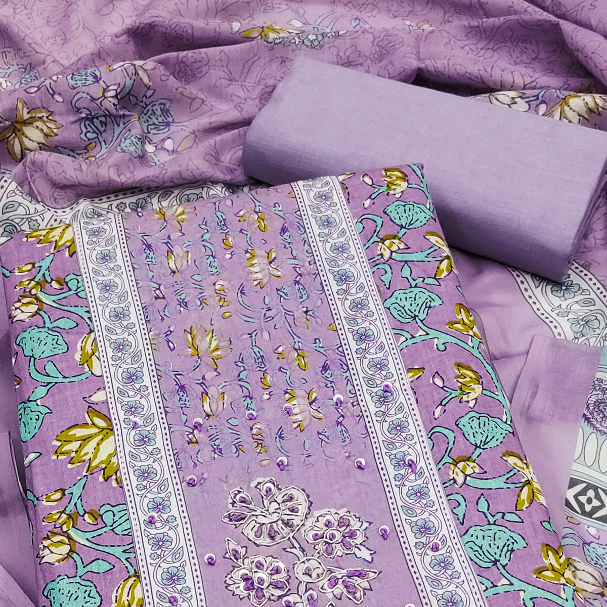 Lavender Pure Cotton Dress Material Adorned with Artistic Floral Patterns