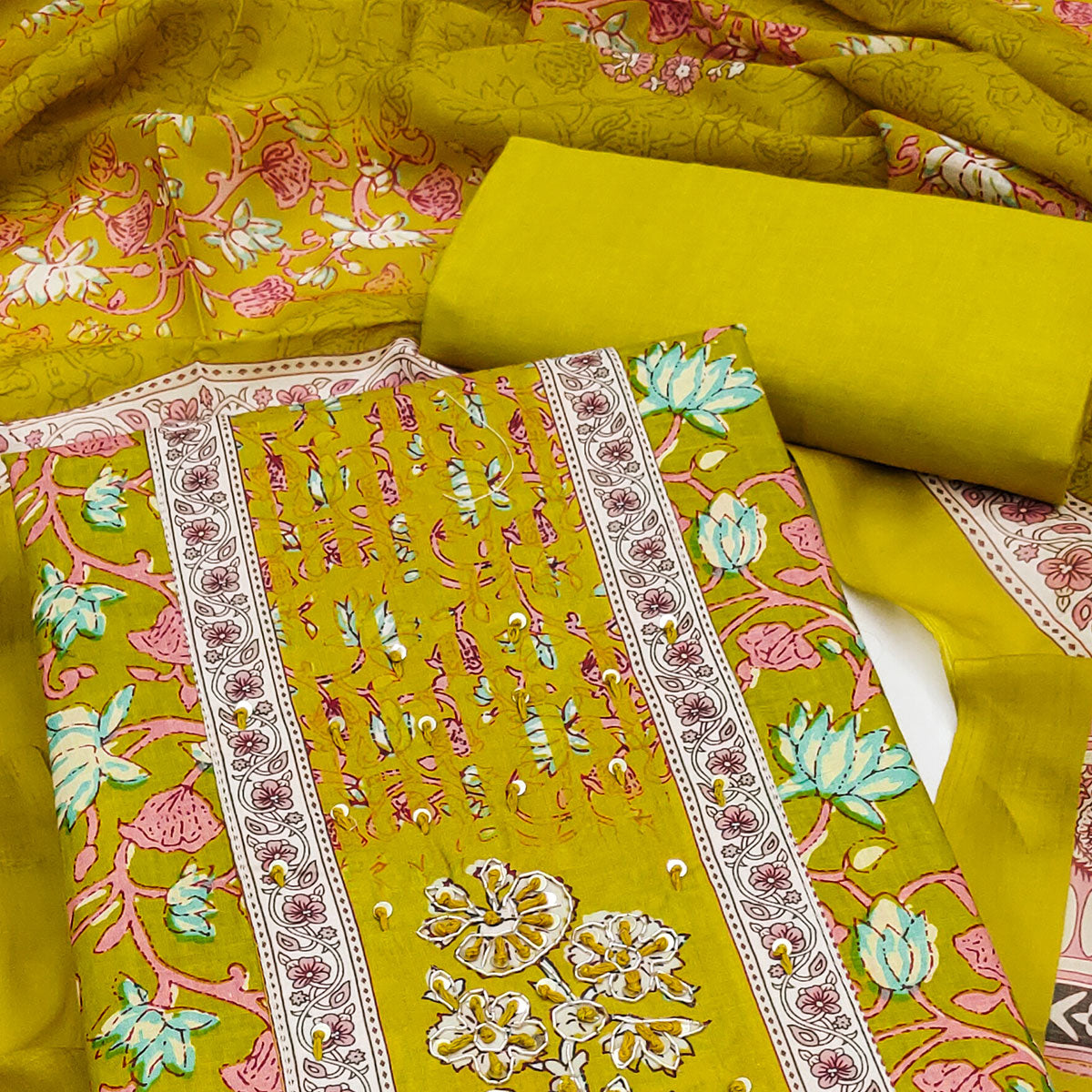 Olive Pure Cotton Dress Material Adorned with Artistic Floral Patterns